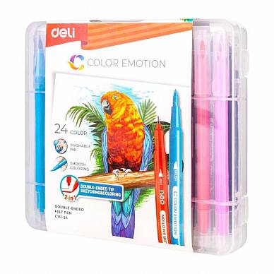 Фломастеры двухсторонние DELI "Color Emotion" C15124 (24 цвета, в пластиковом пенале)