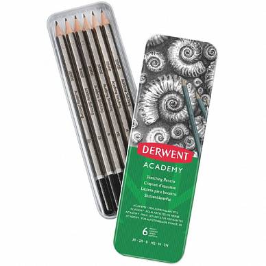 Набор чернографитных карандашей Academy Sketching Tin (металический пенал, 6 штук, 3B-2H), "Derwent"